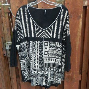 Edista Black Boho Design Front Full Pullover Tunic 3/4 Sleeve Shirt 1X